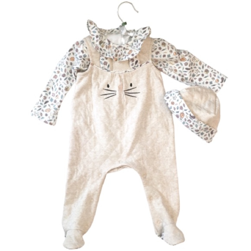 Dylan & Abby NEW Baby Girl 3 Piece Set Bunny Overalls Top Hat Size 6 to 9 Months